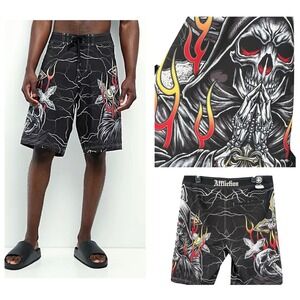 Affliction Y2K Grunge Goth Board Shorts Loose Fit 32 Black Reaper Edgy NWT